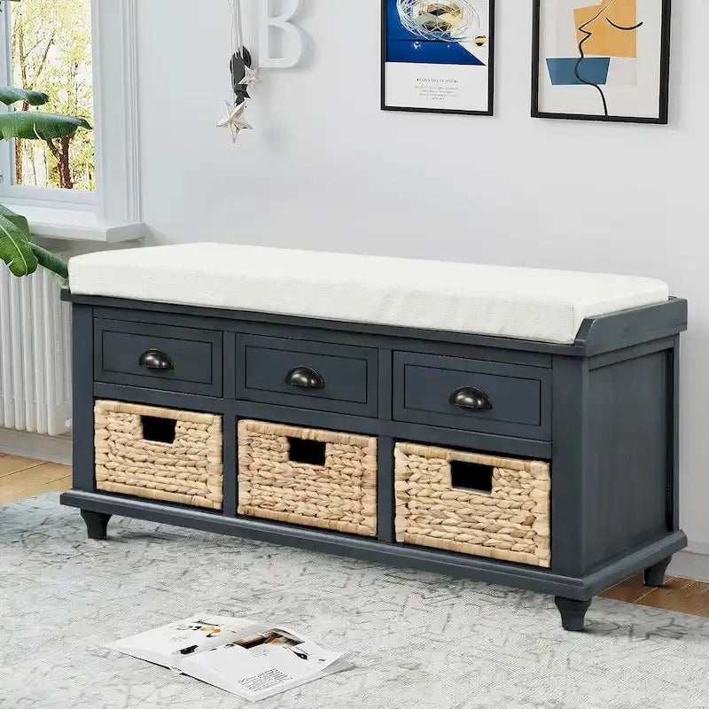Panca contenitore classica stile rustico con cuscino rimovibile in misto lino