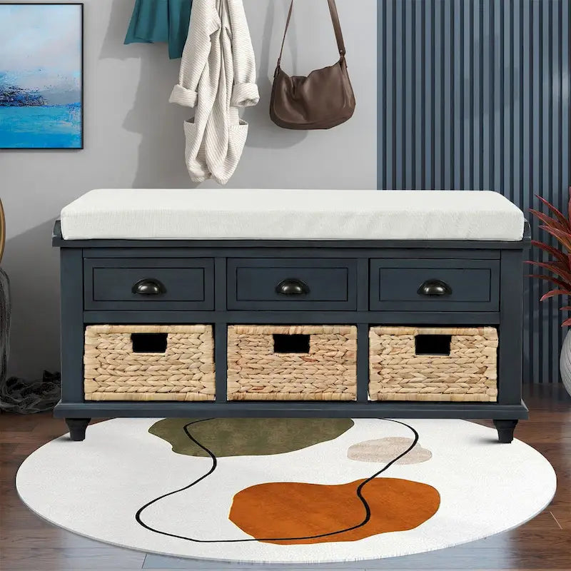 Panca contenitore classica stile rustico con cuscino rimovibile in misto lino