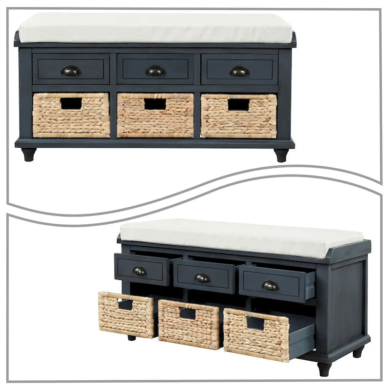 Panca contenitore classica stile rustico con cuscino rimovibile in misto lino