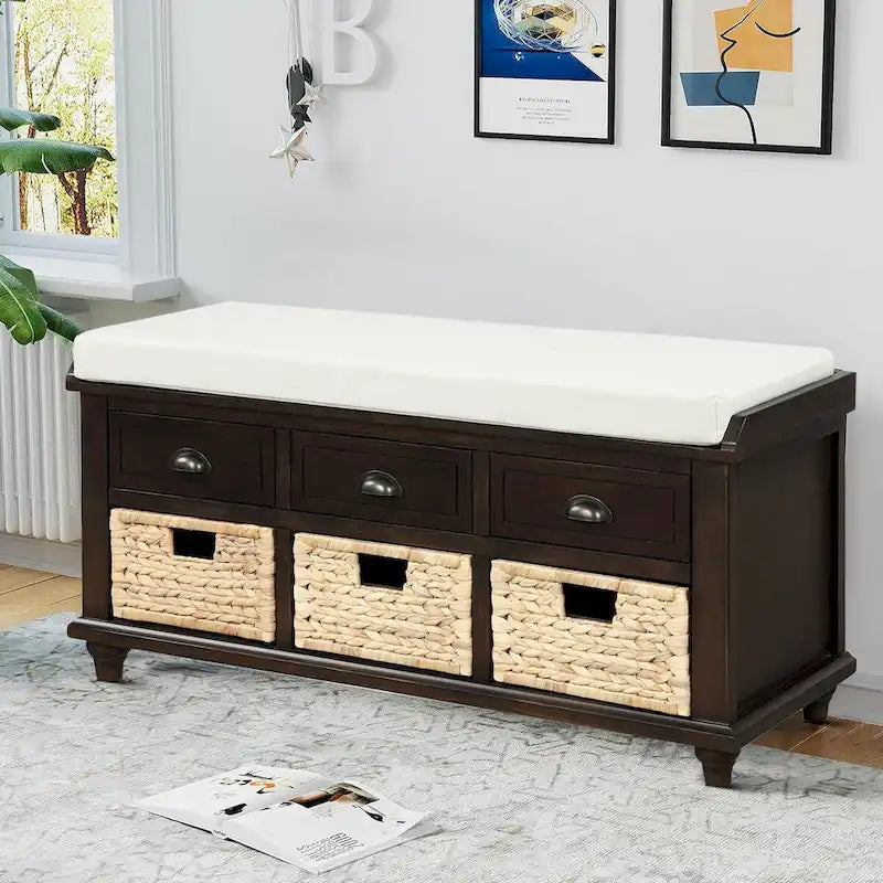 Panca contenitore classica stile rustico con cuscino rimovibile in misto lino
