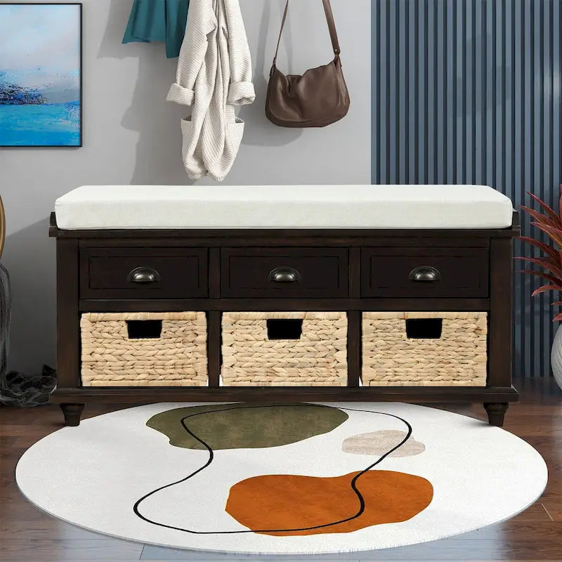Panca contenitore classica stile rustico con cuscino rimovibile in misto lino