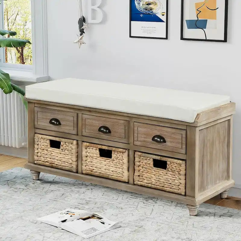 Panca contenitore classica stile rustico con cuscino rimovibile in misto lino