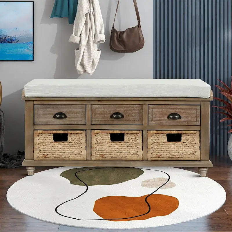 Panca contenitore classica stile rustico con cuscino rimovibile in misto lino