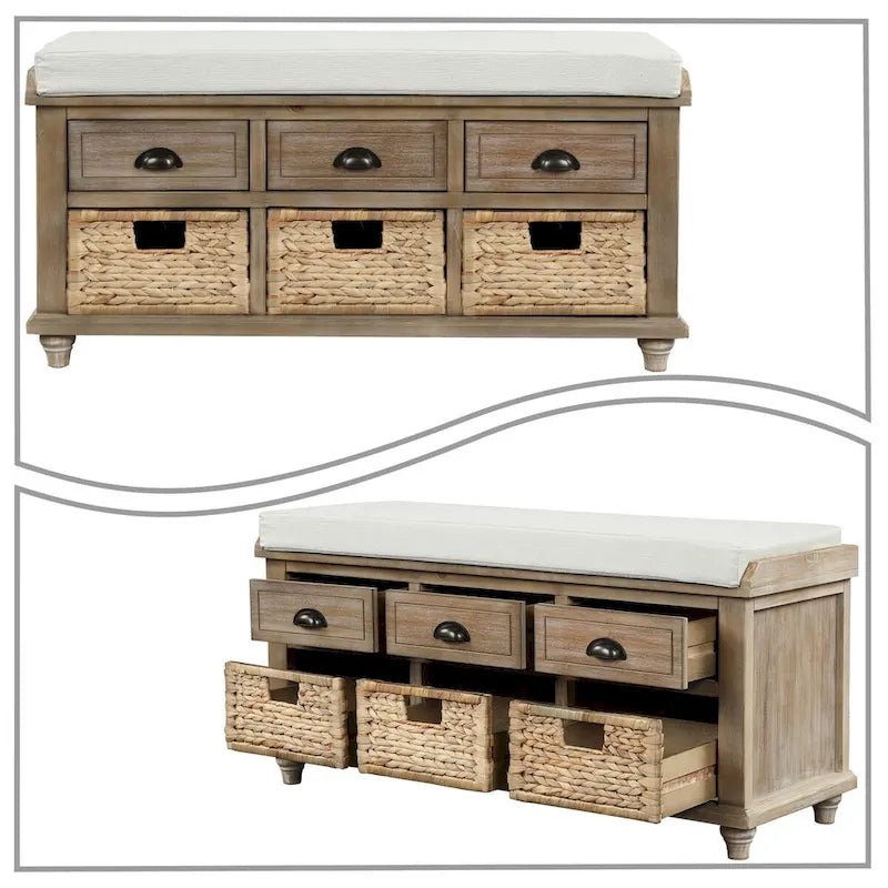 Panca contenitore classica stile rustico con cuscino rimovibile in misto lino