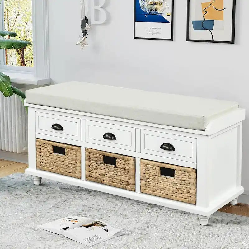Panca contenitore classica stile rustico con cuscino rimovibile in misto lino