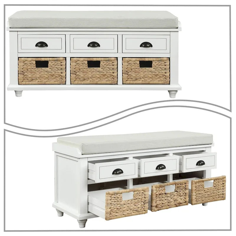 Panca contenitore classica stile rustico con cuscino rimovibile in misto lino