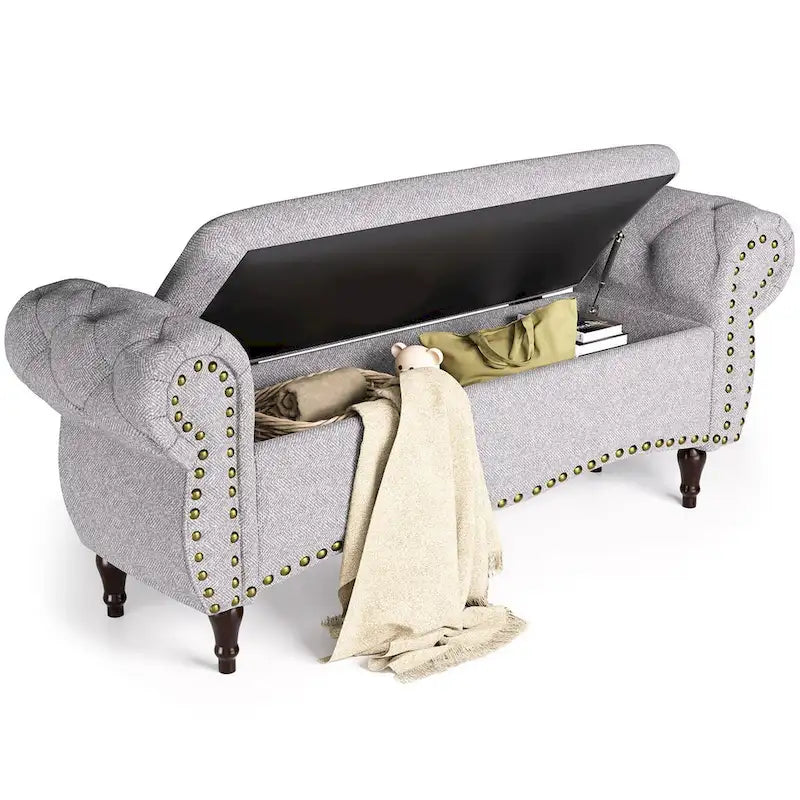 53 Tufted Storage Ottoman Bench with Rolled Arms and Nailhead Trim for Bedroom, Living Room, Entryway