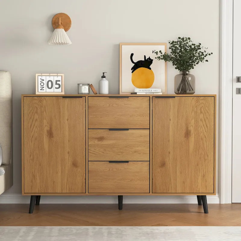 Sideboard Buffet Cabinet with Storage, Wood Coffee Bar Cabinet, 47.2 Kitchen Cabinet with 3 Drawers & 2 Doors
