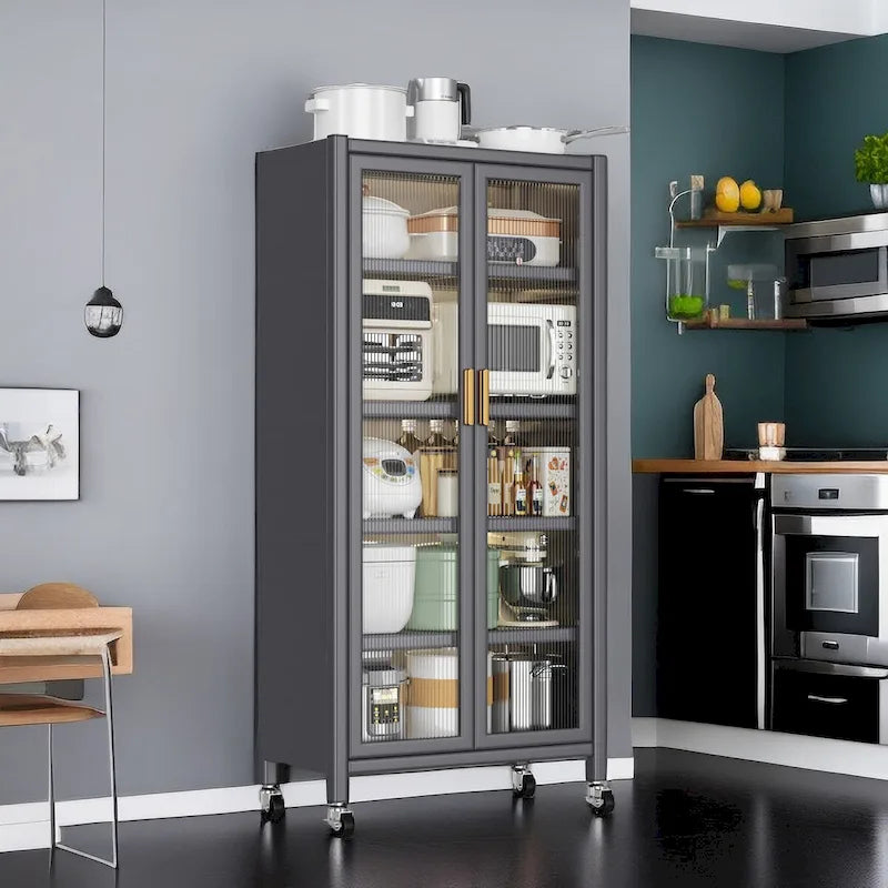Mobile contenitore da cucina a tutta altezza con ripiani a giorno, ripiani multipli e vani per microonde e ciotole
