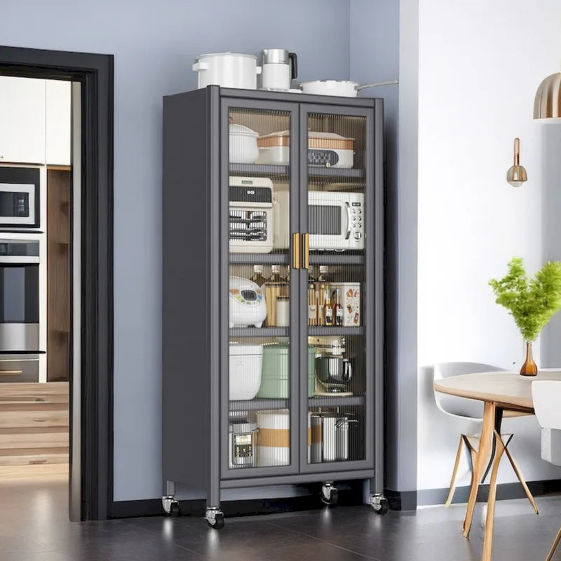 Mobile contenitore da cucina a tutta altezza con ripiani a giorno, ripiani multipli e vani per microonde e ciotole