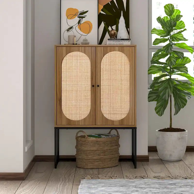 Natural rattan, 2 Door high cabinet, adjustable shelf, Easy Assembly, Free Standing Cabinet for Living Room Bedroom