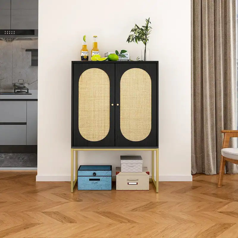 Natural rattan, 2 Door high cabinet, adjustable shelf, Easy Assembly, Free Standing Cabinet for Living Room Bedroom