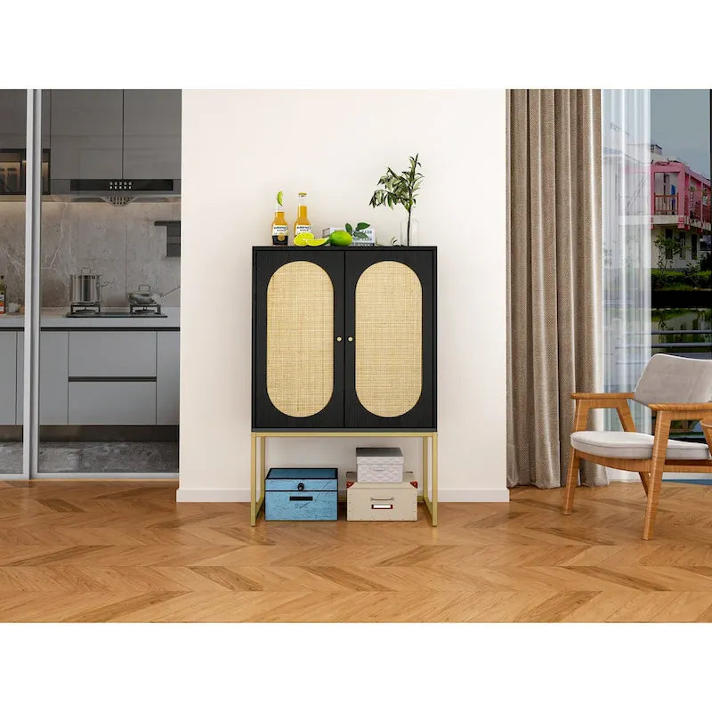 Natural rattan, 2 Door high cabinet, adjustable shelf, Easy Assembly, Free Standing Cabinet for Living Room Bedroom