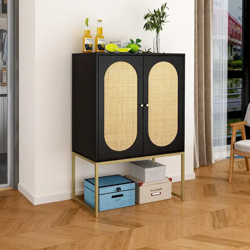 Natural rattan, 2 Door high cabinet, adjustable shelf, Easy Assembly, Free Standing Cabinet for Living Room Bedroom