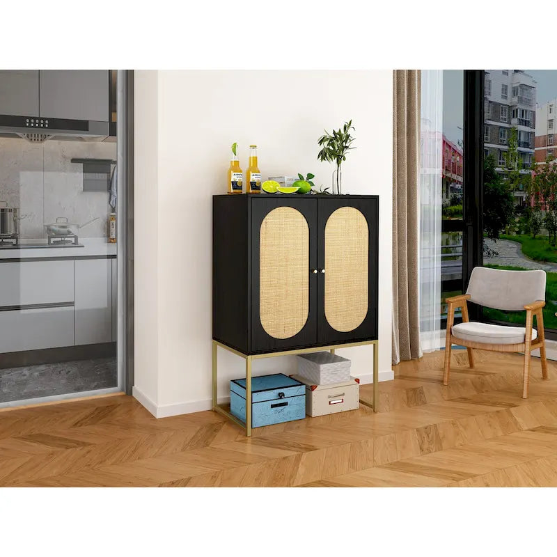 Natural rattan, 2 Door high cabinet, adjustable shelf, Easy Assembly, Free Standing Cabinet for Living Room Bedroom