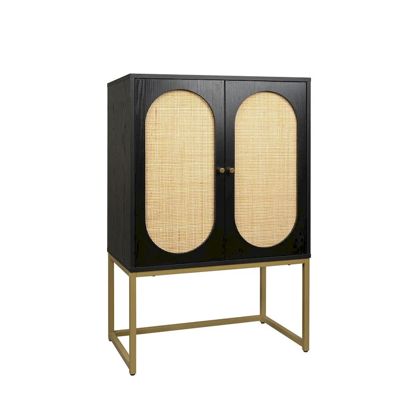 Natural rattan, 2 Door high cabinet, adjustable shelf, Easy Assembly, Free Standing Cabinet for Living Room Bedroom