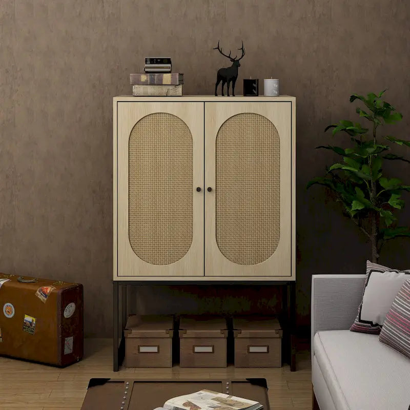 Natural rattan, 2 Door high cabinet, adjustable shelf, Easy Assembly, Free Standing Cabinet for Living Room Bedroom