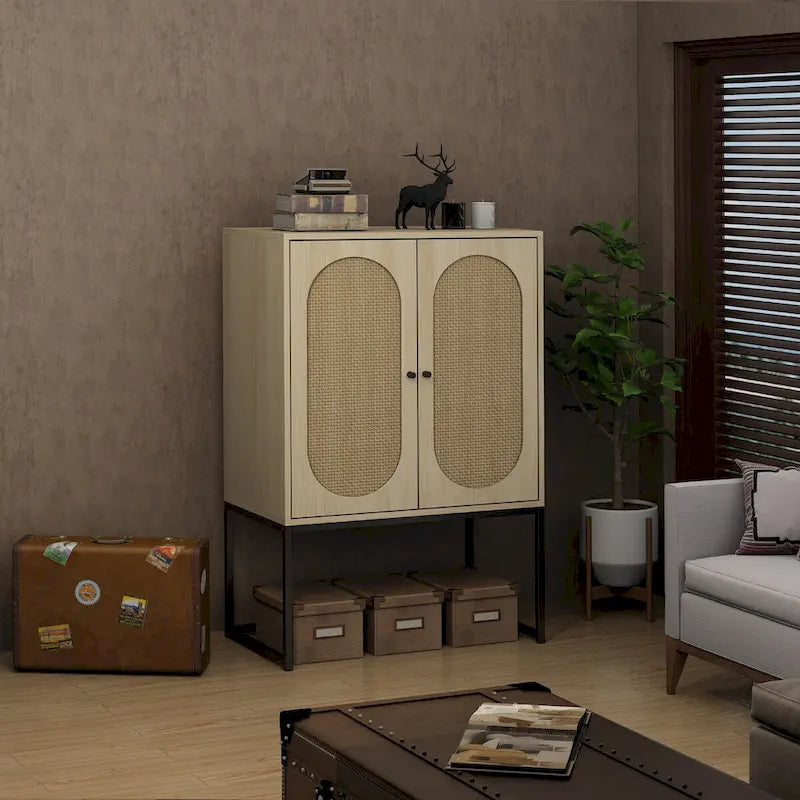 Natural rattan, 2 Door high cabinet, adjustable shelf, Easy Assembly, Free Standing Cabinet for Living Room Bedroom