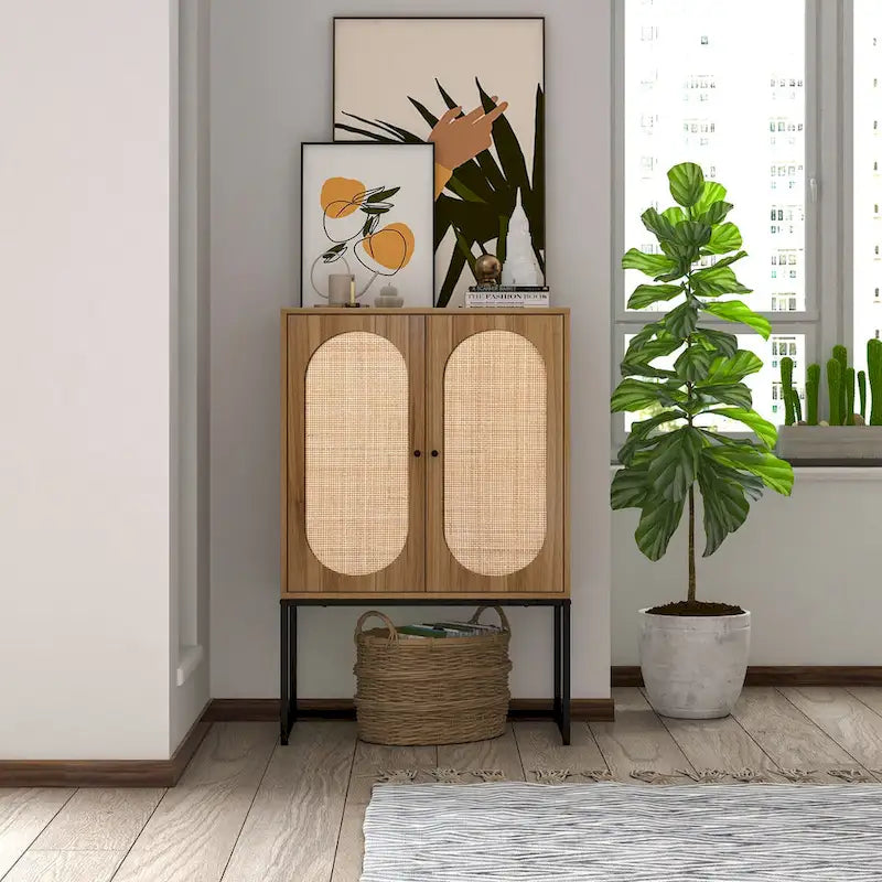 Natural rattan, 2 Door high cabinet, adjustable shelf, Easy Assembly, Free Standing Cabinet for Living Room Bedroom