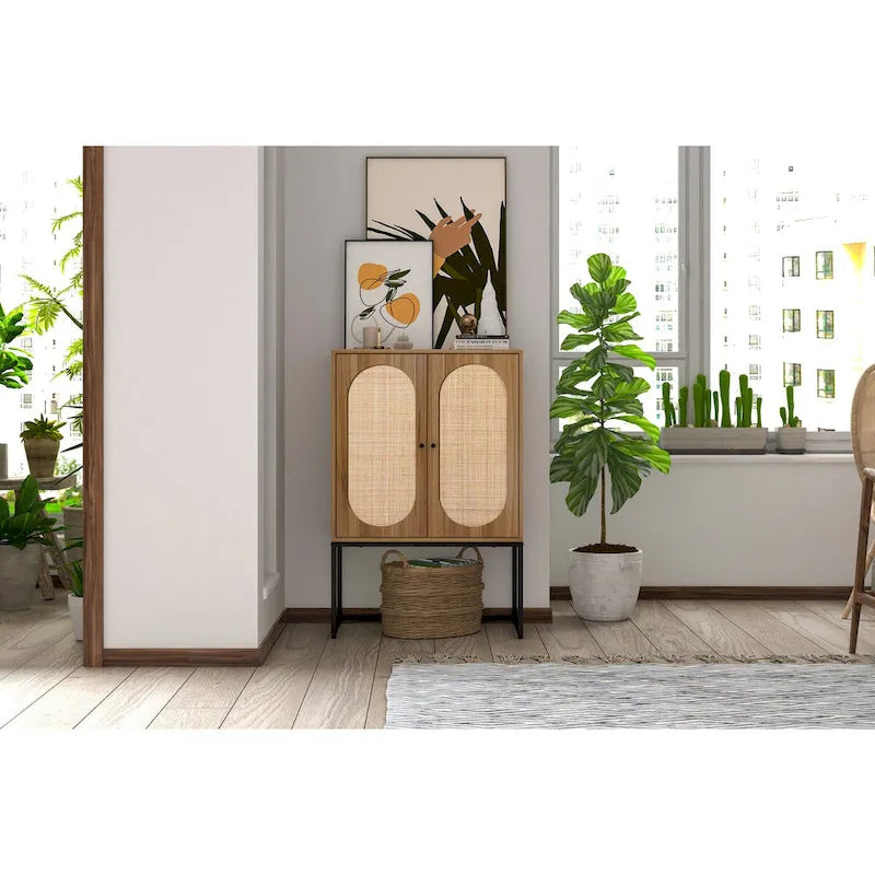 Natural rattan, 2 Door high cabinet, adjustable shelf, Easy Assembly, Free Standing Cabinet for Living Room Bedroom