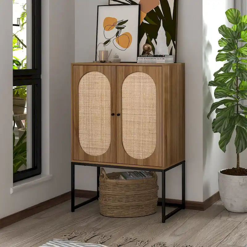 Natural rattan, 2 Door high cabinet, adjustable shelf, Easy Assembly, Free Standing Cabinet for Living Room Bedroom