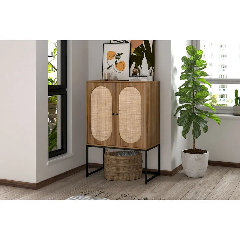 Natural rattan, 2 Door high cabinet, adjustable shelf, Easy Assembly, Free Standing Cabinet for Living Room Bedroom
