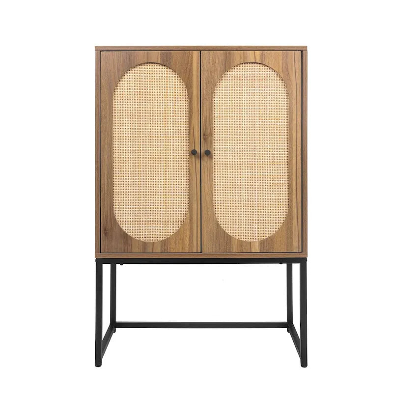 Natural rattan, 2 Door high cabinet, adjustable shelf, Easy Assembly, Free Standing Cabinet for Living Room Bedroom
