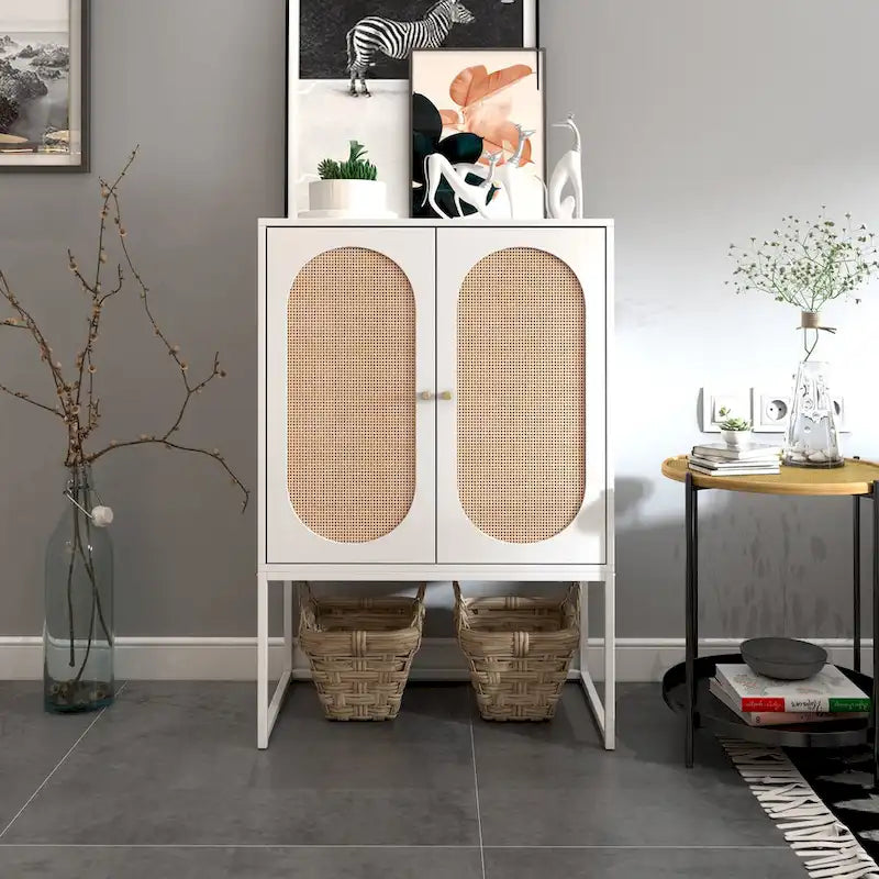 Natural rattan, 2 Door high cabinet, adjustable shelf, Easy Assembly, Free Standing Cabinet for Living Room Bedroom