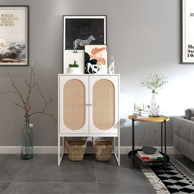 Natural rattan, 2 Door high cabinet, adjustable shelf, Easy Assembly, Free Standing Cabinet for Living Room Bedroom