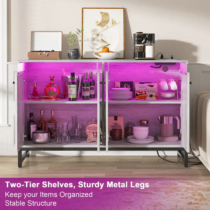 Credenza decorativa a 4 ante con presa elettrica, credenza contenitore e mobile bar con luce LED
