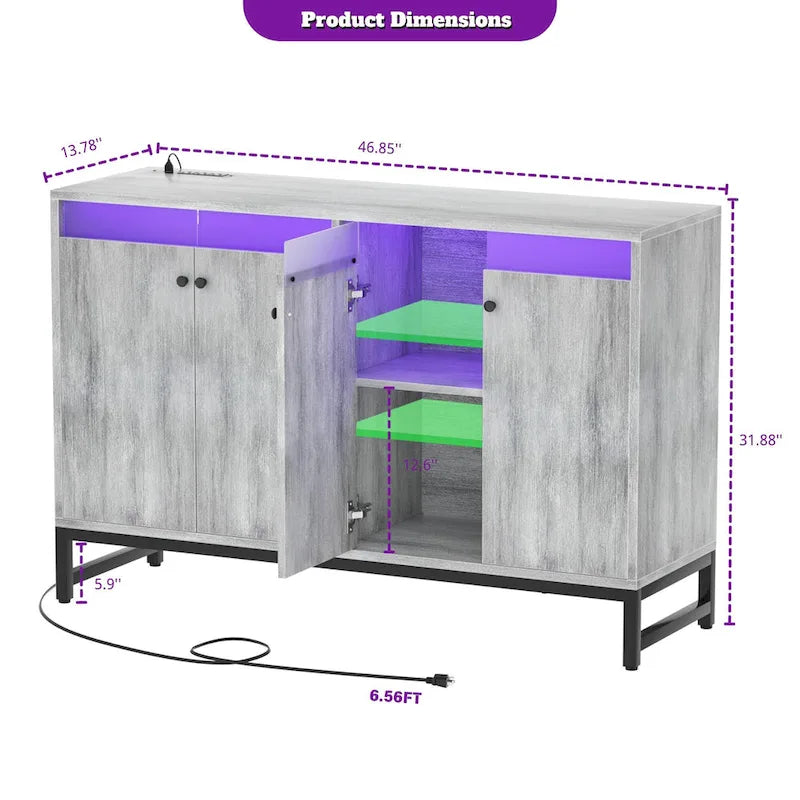 Credenza decorativa a 4 ante con presa elettrica, credenza contenitore e mobile bar con luce LED