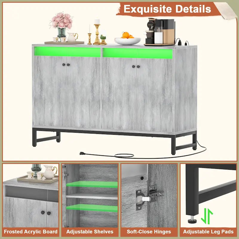 Credenza decorativa a 4 ante con presa elettrica, credenza contenitore e mobile bar con luce LED