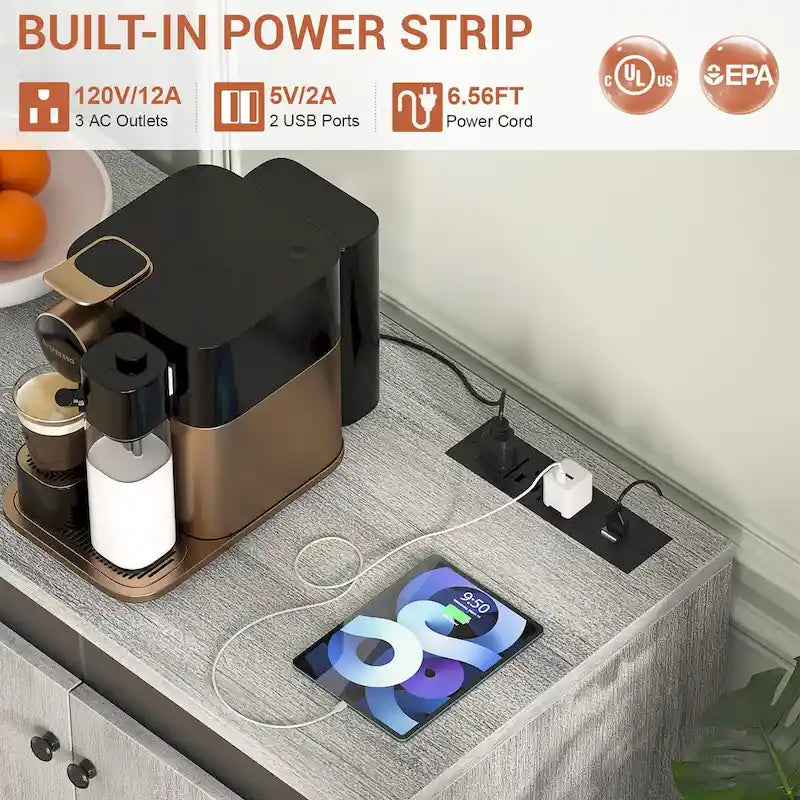 Credenza decorativa a 4 ante con presa elettrica, credenza contenitore e mobile bar con luce LED