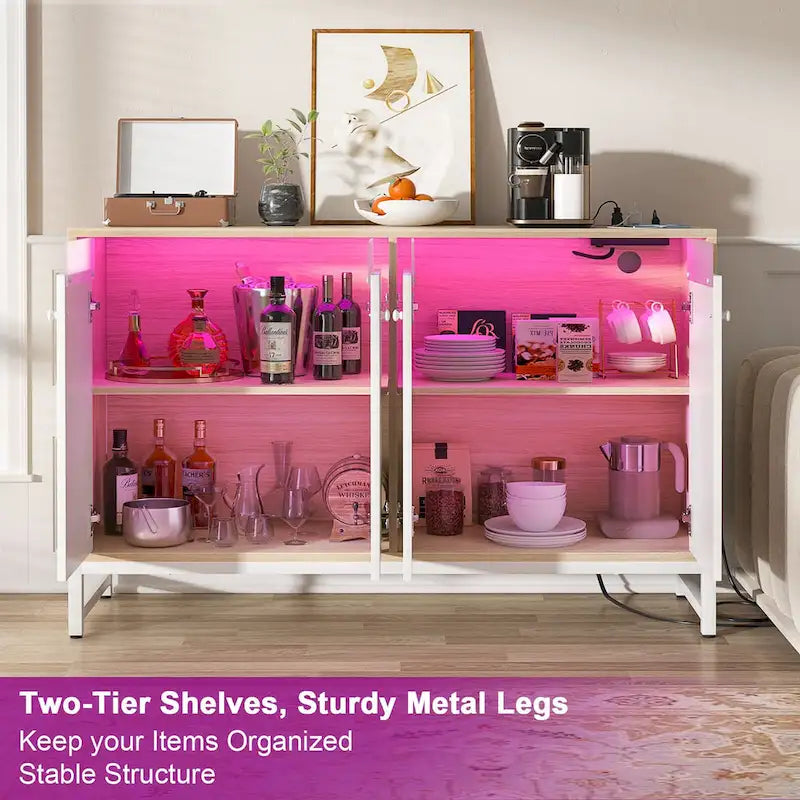 Credenza decorativa a 4 ante con presa elettrica, credenza contenitore e mobile bar con luce LED