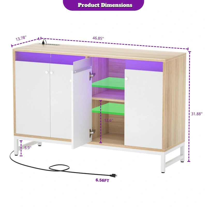Credenza decorativa a 4 ante con presa elettrica, credenza contenitore e mobile bar con luce LED