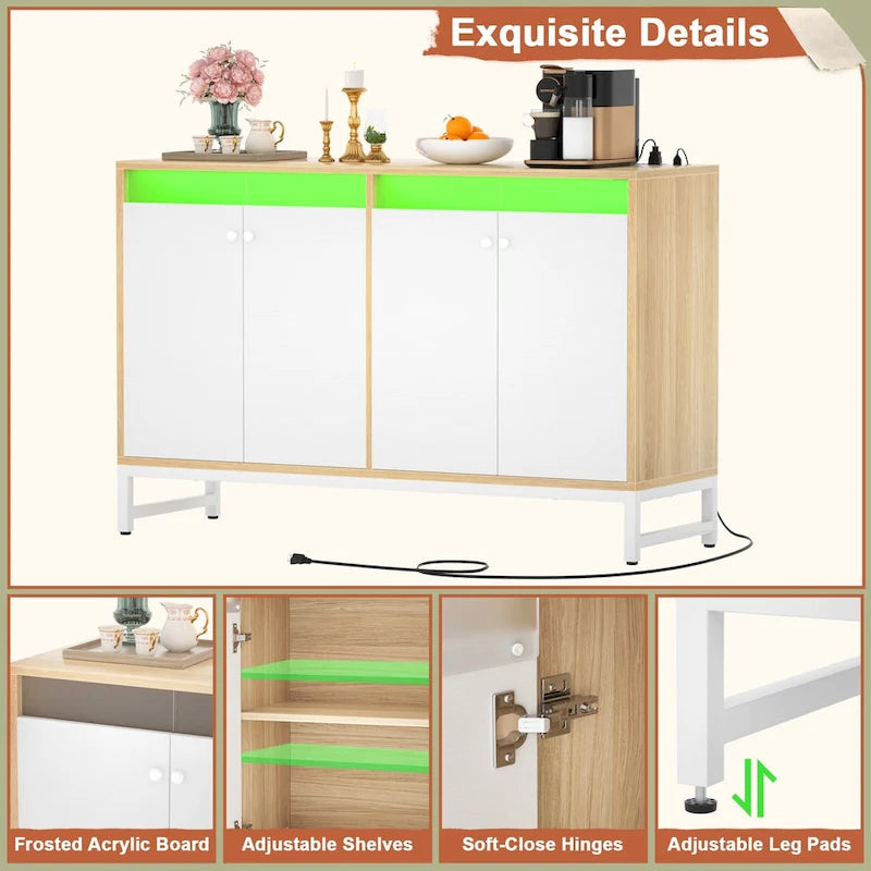 Credenza decorativa a 4 ante con presa elettrica, credenza contenitore e mobile bar con luce LED