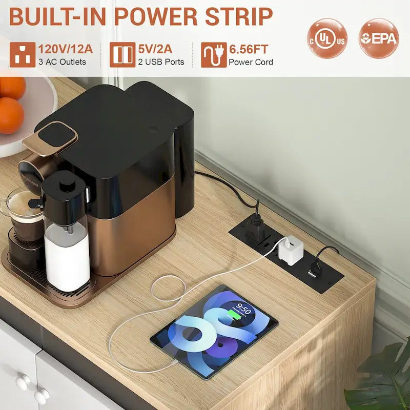 Credenza decorativa a 4 ante con presa elettrica, credenza contenitore e mobile bar con luce LED