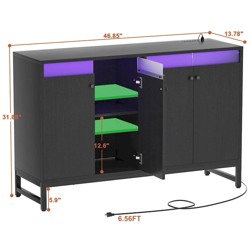 Credenza decorativa a 4 ante con presa elettrica, credenza contenitore e mobile bar con luce LED