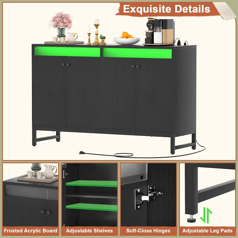 Credenza decorativa a 4 ante con presa elettrica, credenza contenitore e mobile bar con luce LED