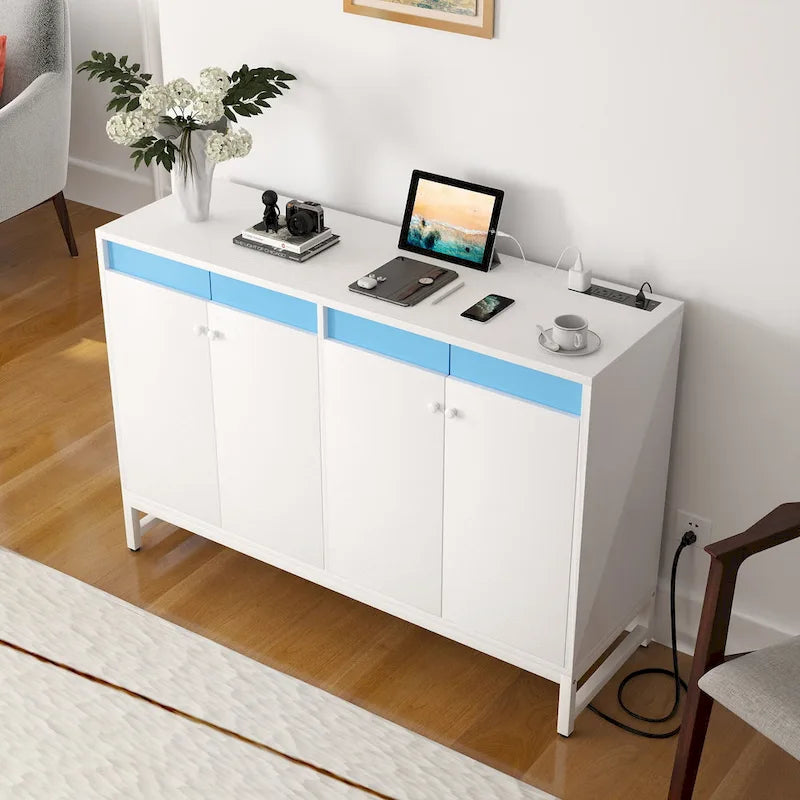 Credenza decorativa a 4 ante con presa elettrica, credenza contenitore e mobile bar con luce LED