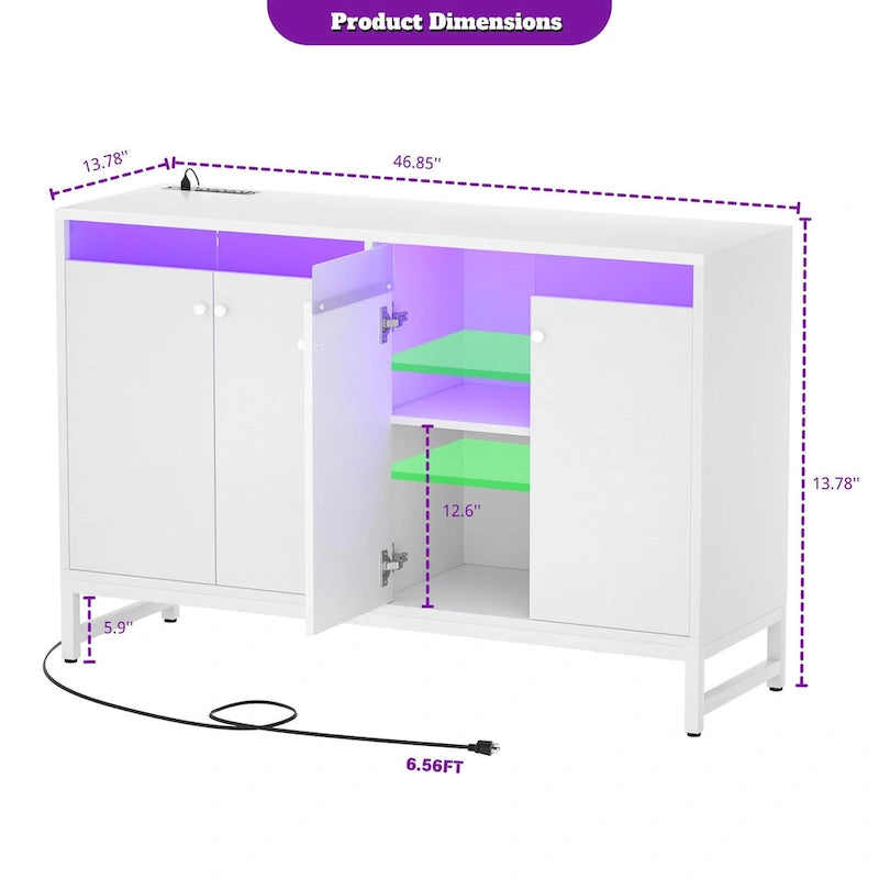 Credenza decorativa a 4 ante con presa elettrica, credenza contenitore e mobile bar con luce LED