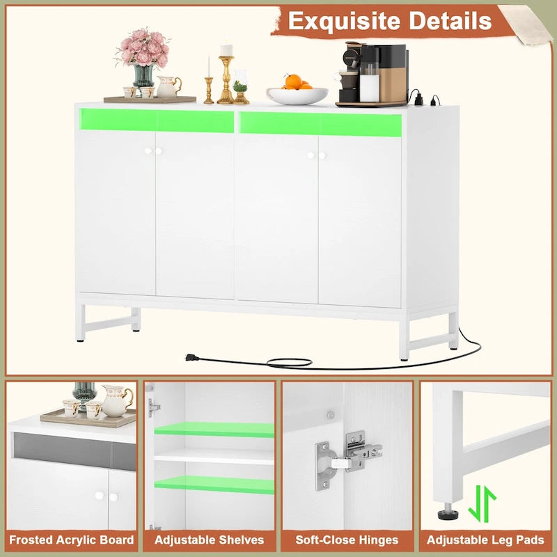Credenza decorativa a 4 ante con presa elettrica, credenza contenitore e mobile bar con luce LED