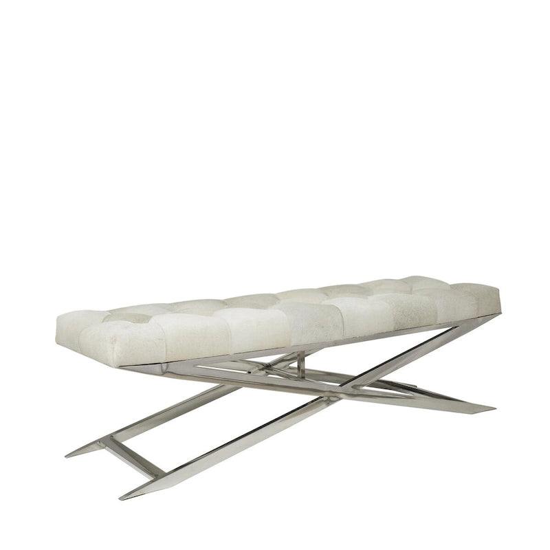 Leather Upholstered Tufted Home Bench with Silver Diagonal Base - Grey - Roche River Decor